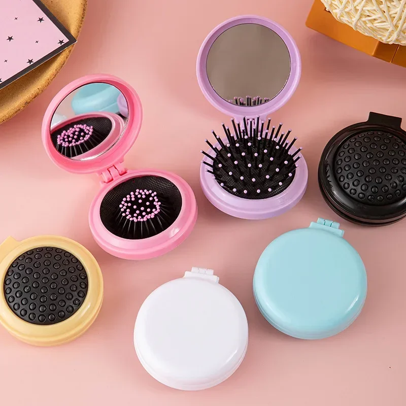 Plastic Mini Comb Cute Small Size Hair Comb With Folding Mirror Round Pocket Haircomb Air Cushion Fashion Folding Styling Tools