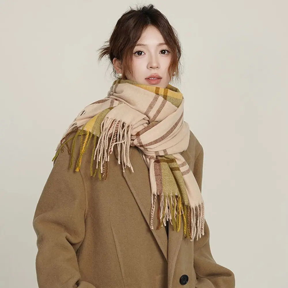 Fashion Winter Warm Tassel Plaid Scarfs Cashmere Imitation Nordic Style Scarves Solid Pashmina for Women Girls