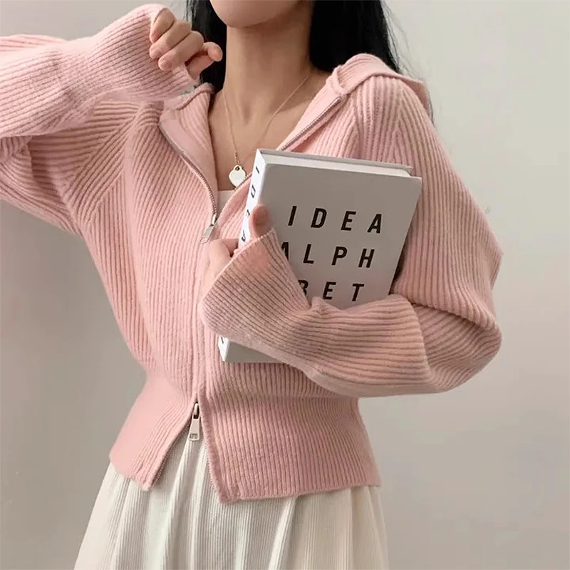 Chique outono inverno de malha manga crida com capuz cintura-cinching design de zíper jaqueta suéter versátil simples zípe...