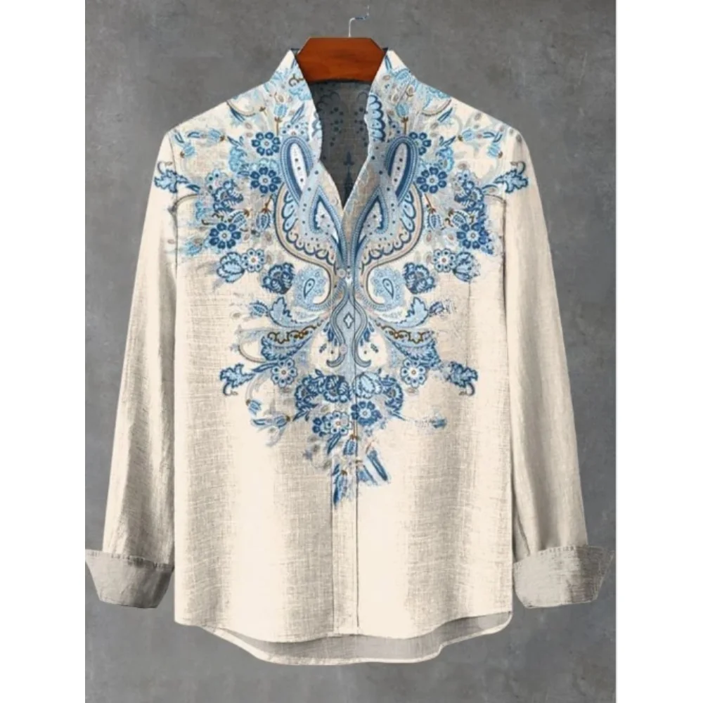 

Men's linen casual fashion long sleeved shirt with unique floral patterns, Hawaiian vacation style linen