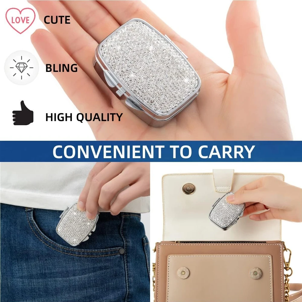 Bling Crystal Diamond Pill Box, Portable 2 Compartments Daily Pill Organizer,Small Travel Pill Case,Medicine Container Organizer