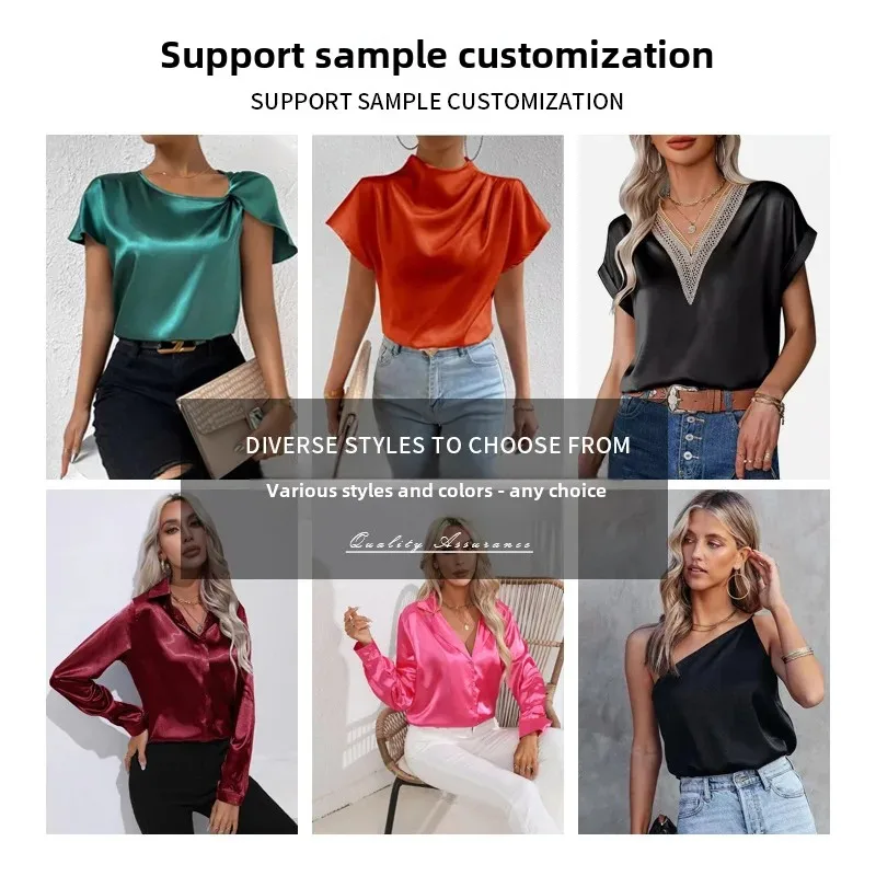 قميص نسائي أنيق بأكمام طويلة مصنوع من الحرير مثل المواد بلون سادة مع قميص بأزرار سفلية وطية صدر السترة من أمازون عصري