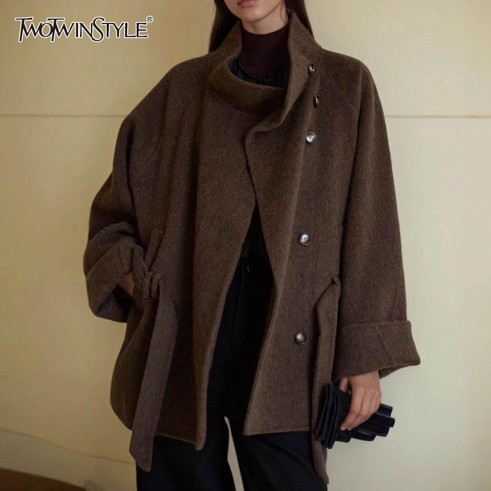 

TWOTWINSTYLE Solid Spliced Sashes Jacket Female Turtleneck Long Sleeve Loose Office Lady Women's Jackets Autumn Fashion Style