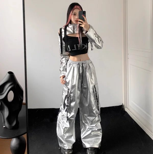 Tech Style Dance Performance Outfit Set Women's Jazz Hip Hop Street Dance Competition Costume High Waist Long Pants round Neck