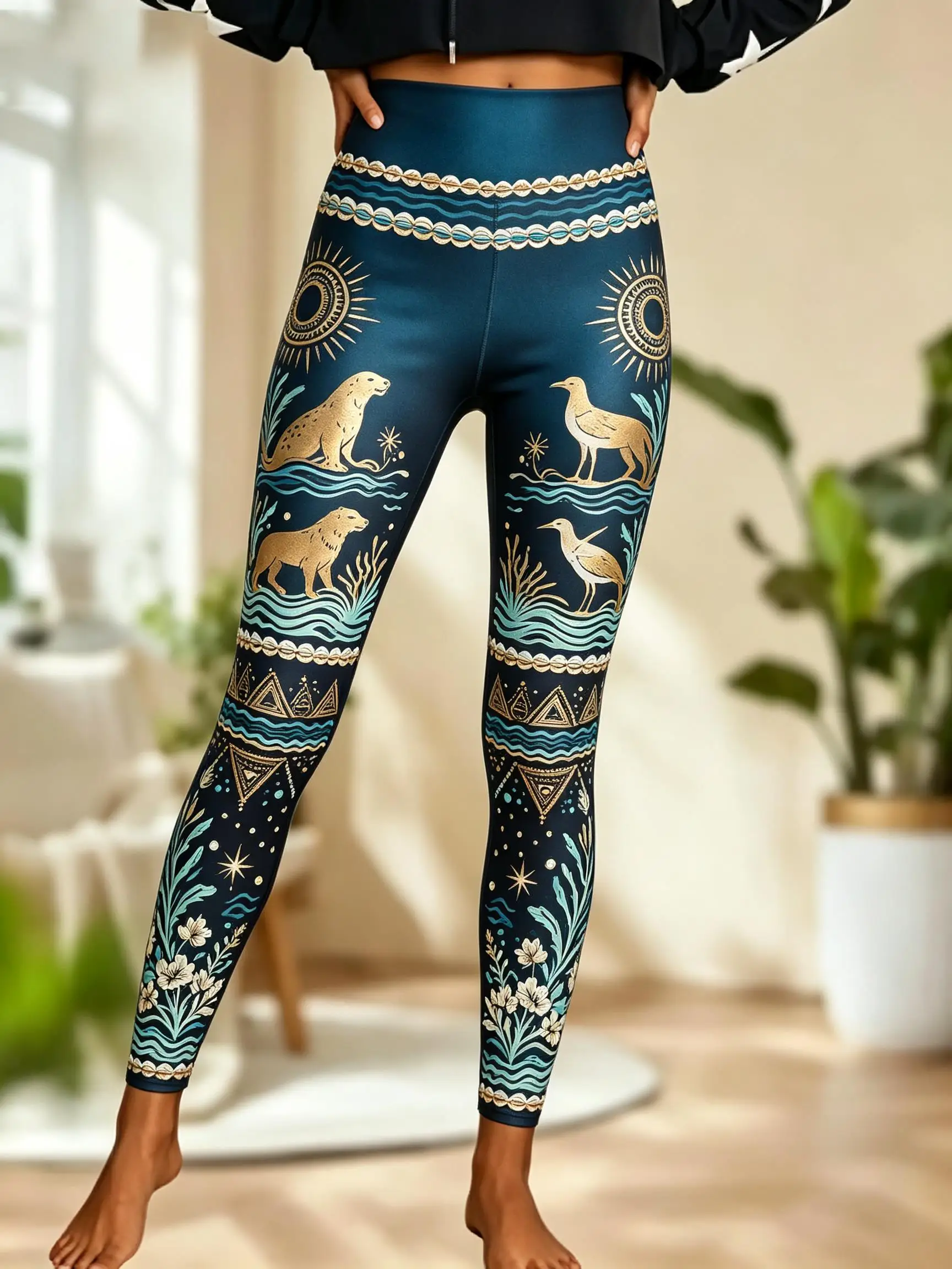 Women Fleece‑lined Mid‑rise Leggings Terracotta African Tribal Sun Camel Eagle Star Geometric Print Slim Stretch  Casual Pants