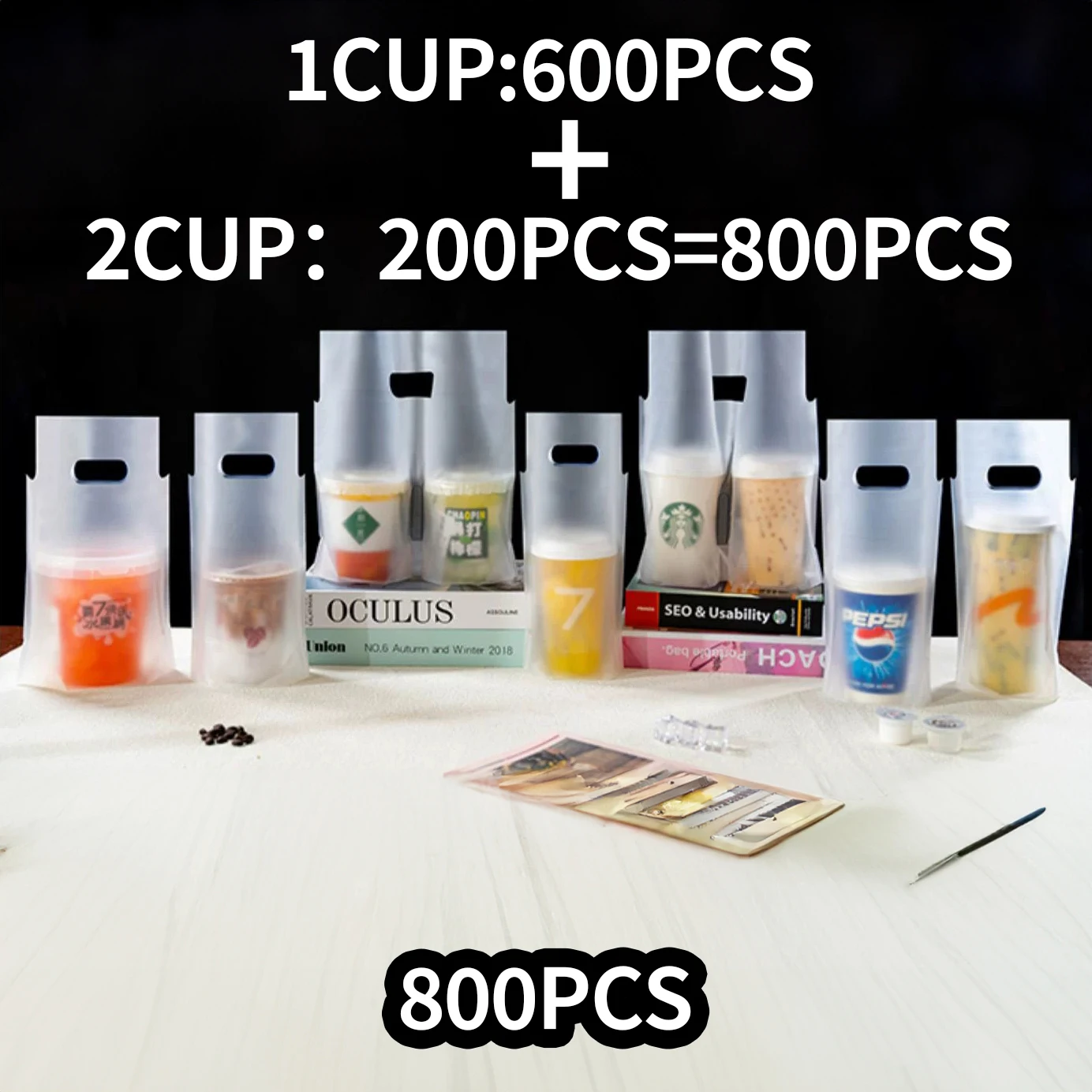 

800Pcs 700ML (1-cup 6.3x11in) (2-cup 12.6x11in) Frosted Clear Handle Drinking Poly Bags Milk Tea Packing Bag Plastic Packaging B