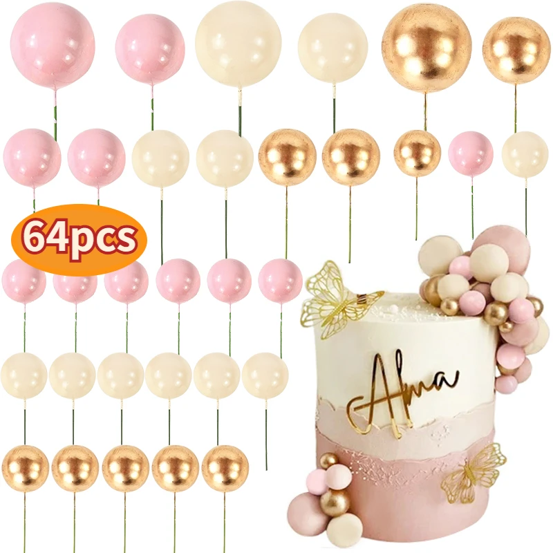 

32/64Pcs Ball Cake Toppers Pink Gold Pearl Balls Cupcake Topper Flags for Kids Birthday Party Wedding Decorations Baby Shower