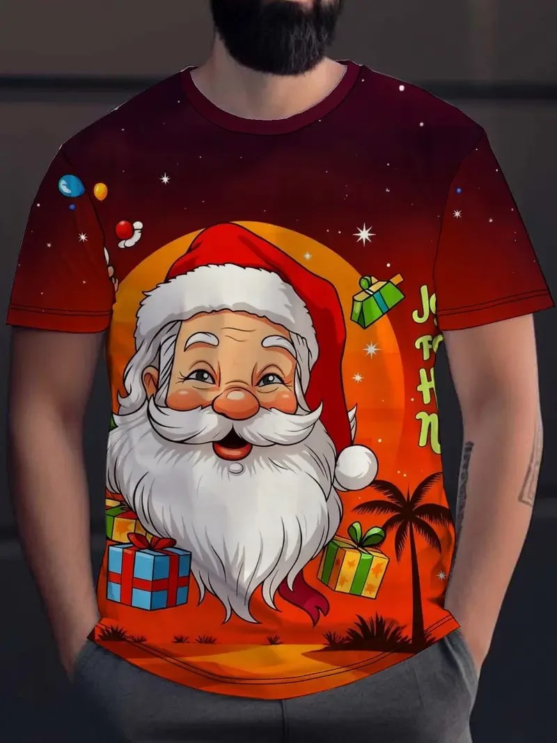 Christmas Element Graphic Tee T-Shirt Cute Santa Claus Pattern Printed Short Sleeve Tee Holiday Casual Comfortable Men Clothes