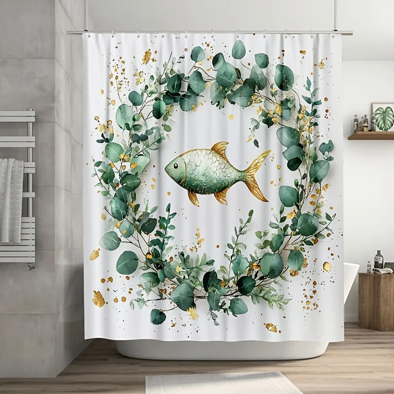 ユーカリの花輪グリーン熱帯魚シャワーカーテン浴室装飾ジャングルリーフパターン防水バスカーテン180x180cm