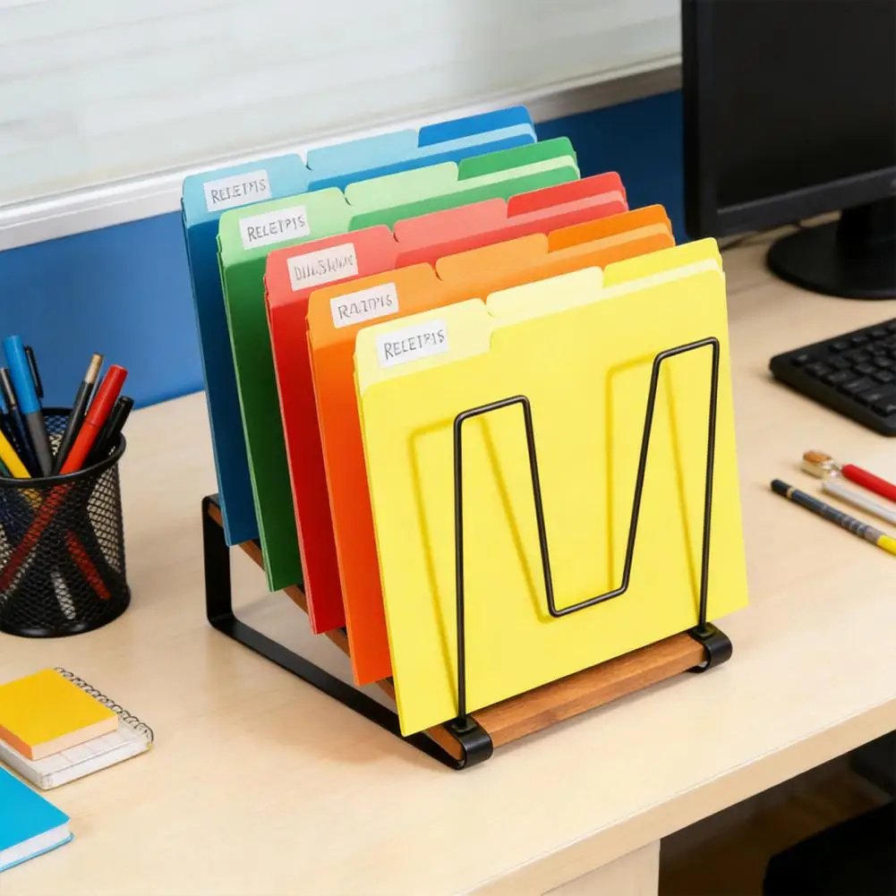 

Inclined Desk File Organizer 5-Section Vertical File Folder Holder Stand Home Workspace Metal File Sorter Rack with Wooden Base
