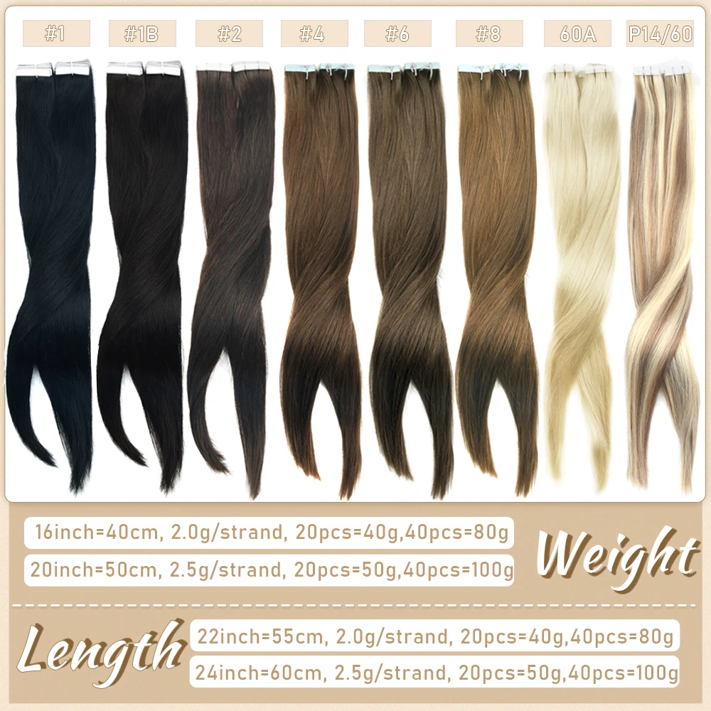 ZURIA 20PCS PU Skin Tape In Human Hair Extensions 100% Pure Natural Straight 16/20/24Inch Adhesive Invisible Wig Bundl For Woman