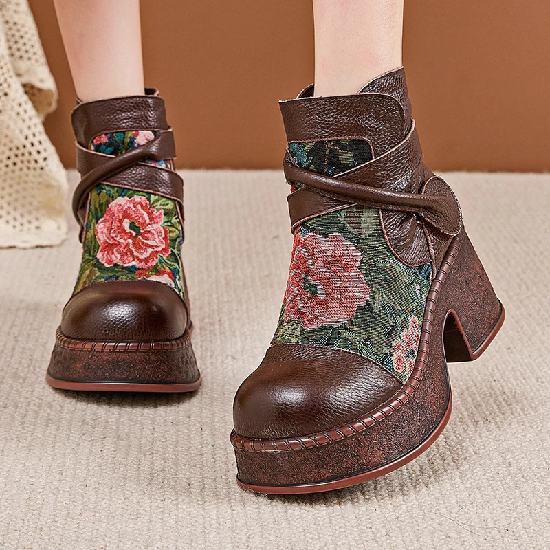 

GKTINOO Women Motorcycle Boots Genuine Leather 2025 New Zip Round Toe Women Shoes Flowers Handmade Retro Ankle Platform Boots