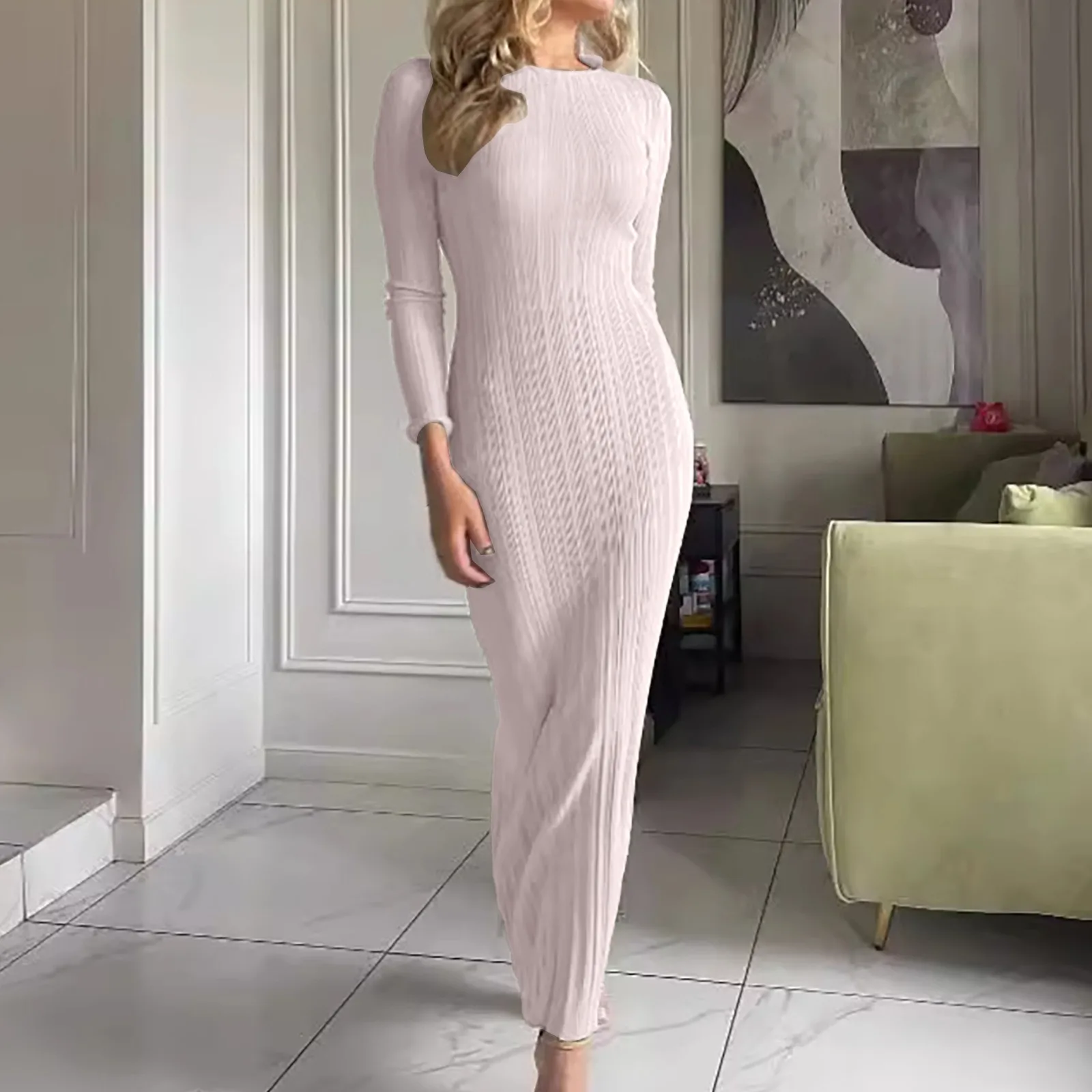 Mulheres outono inverno cor sólida bodycon vestido de malha manga longa tripulação pescoço vestido com nervuras fino ajuste vestido longo bodycon camisola vestido