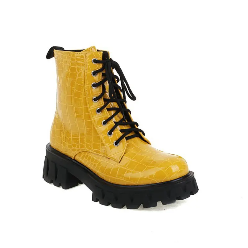Sianie Tianie Green Yellow Womens Winter Shoes Crocodile Skin Pattern Thick Sole Platform Lace-up Woman Riding Ankle Goth Boots view 5