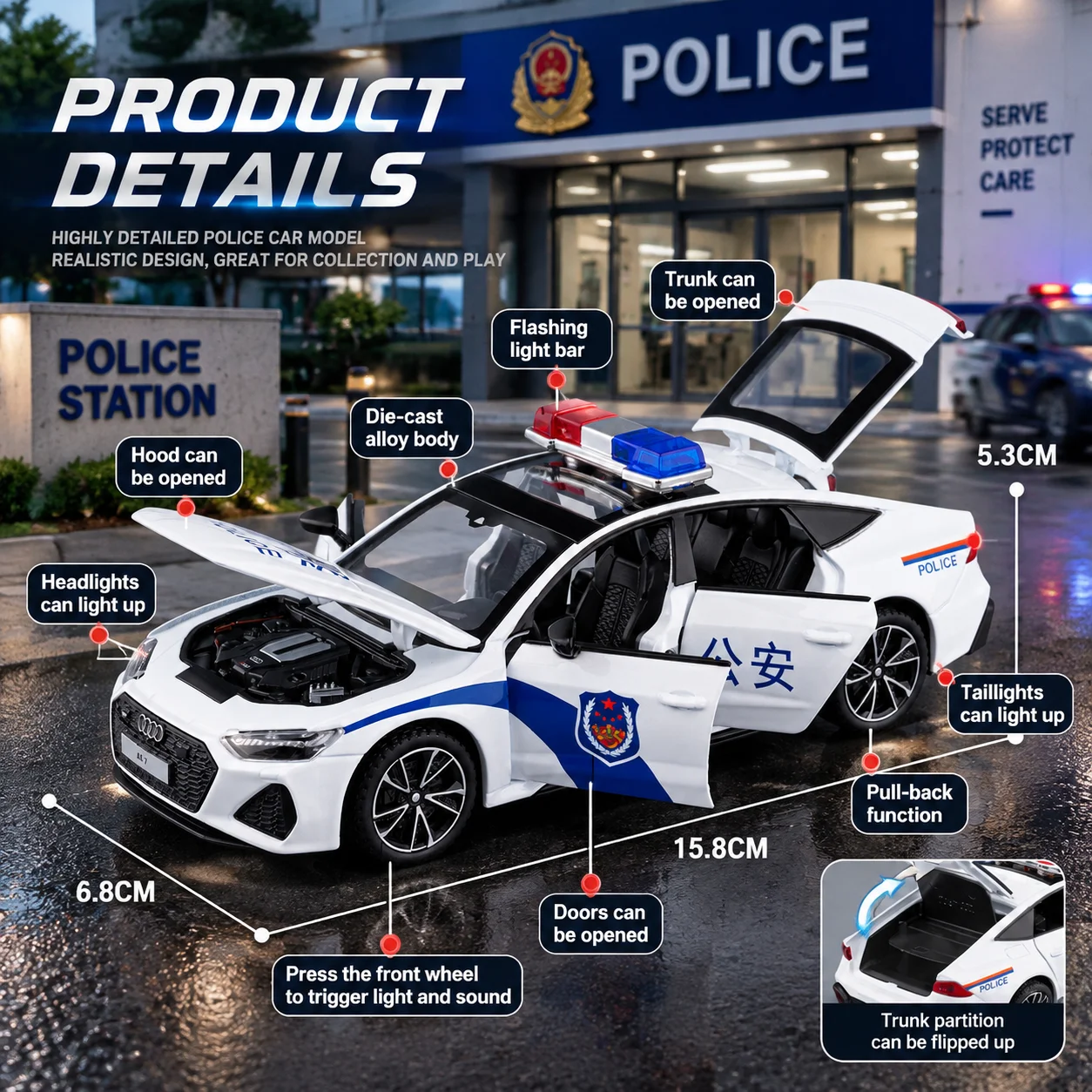 Officially Licensed 1:32 Audi RS7 Alloy Diecast Model with Sound, Light, and Pull-back Function, Ideal for Car Model Collectors