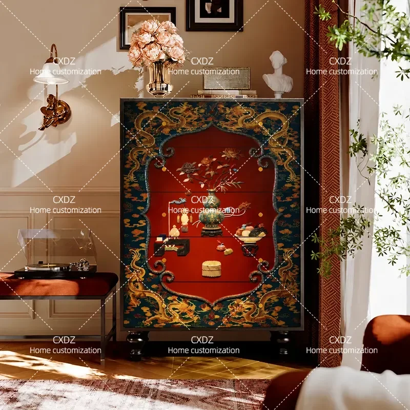 Solid wood locker painted treasure inlaid picture five buckets six buckets cabinet living room sofa next to the wall bedside