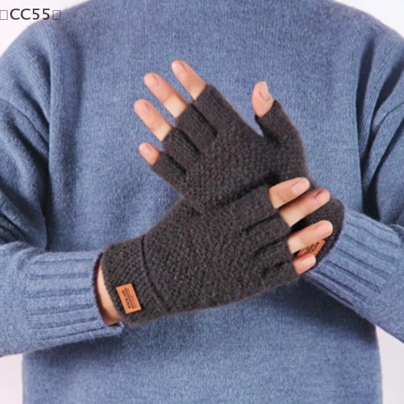 〔CC55〕1Pair Black Half Finger Fingerless Gloves For Women Men Wool Knit Wrist Cotton Gothic Gloves Winter Warm Workout Gloves
