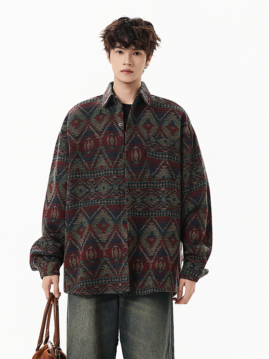 

Boyue Retro Ethnic Sle Long Sve Embroidered Casual irt Loose Fit Turn-down Collar Geometric Pattern Men's Top