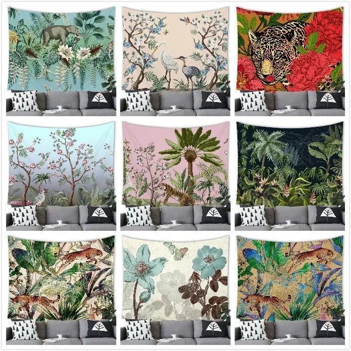 Floral Tropical Jungle Flora and Fauna Retro Style Tapestry Wall Hanging Room Poster Photography Background Cloth