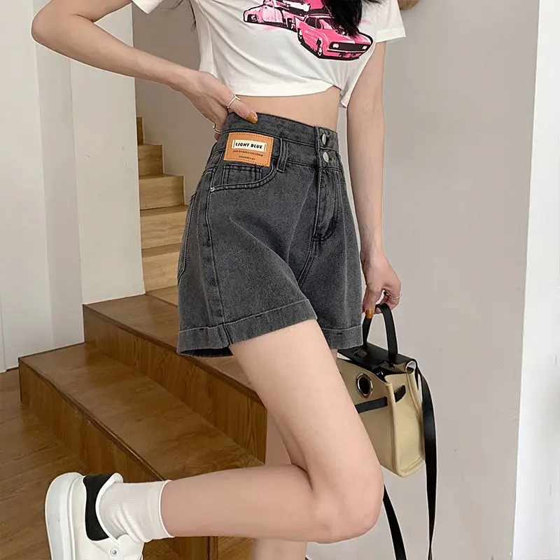 

High Waisted Cuffs Denim Shorts Women's Summer 2024 New Korean Commute Loose Epaulet Pocket Solid Color A-line Wide Leg Pants