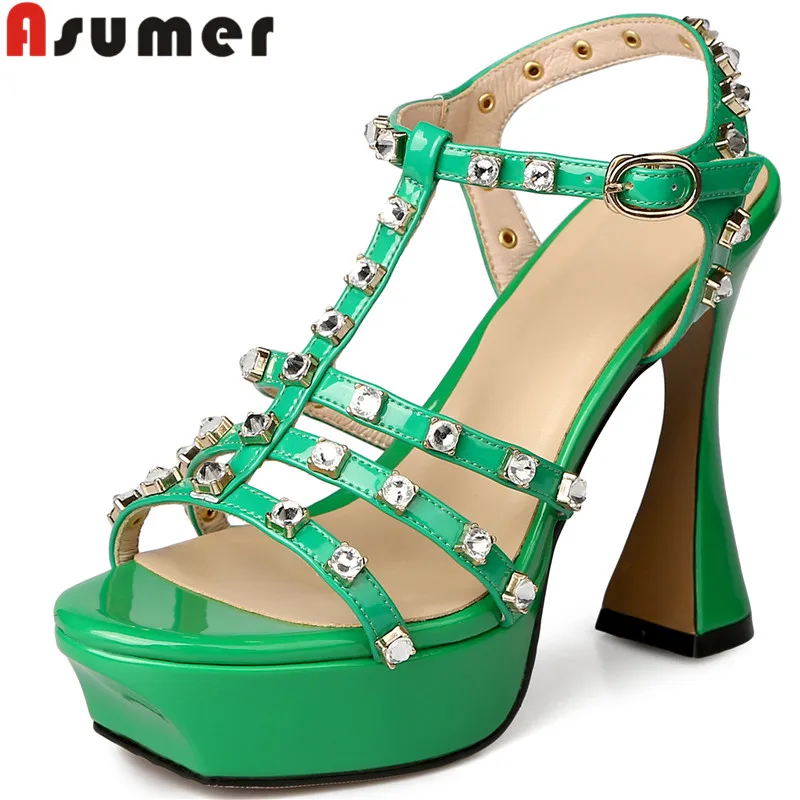 

ASUMER 2022 New Rhinestone Genuine Leather Platform Sandals Woman Strange Style High Heels Summer Sandals Ladies Dress Shoes