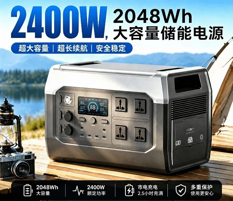 2400W LiFePO4 Portable Power Station Large Capacity Pure Sine Wave Solar Charging 220V Output Outdoor Camping RV Emergency