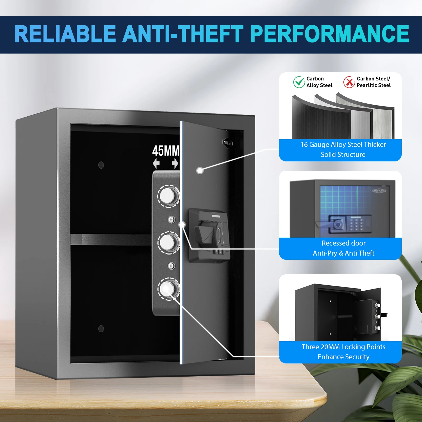 Mutak 1.5 Cub Biometric Safe Box with Fireproof Bag,Home Security Safe Fingerprint Recognition Money Safe Box for Jewelry Valuab