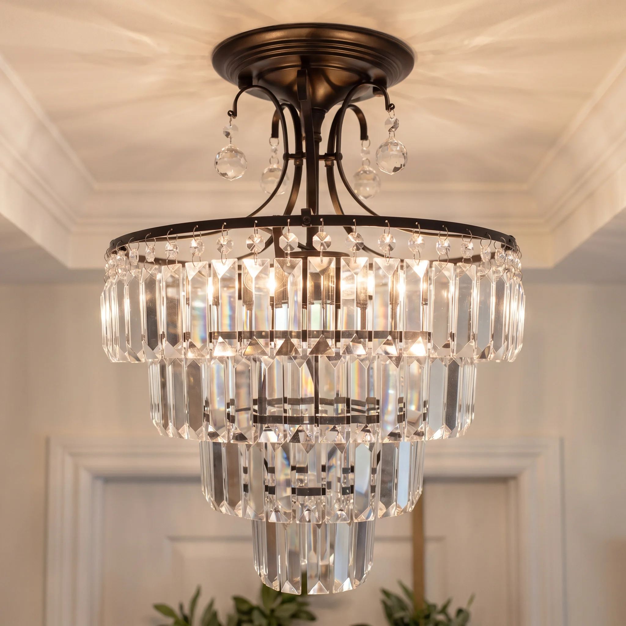 Modern Black Crystal Chandelier, Semi-Flush Mount Vintage Dimmable 4-Tier Prism K9 Crystal Light Fixture- Kitchen Island Bedroom