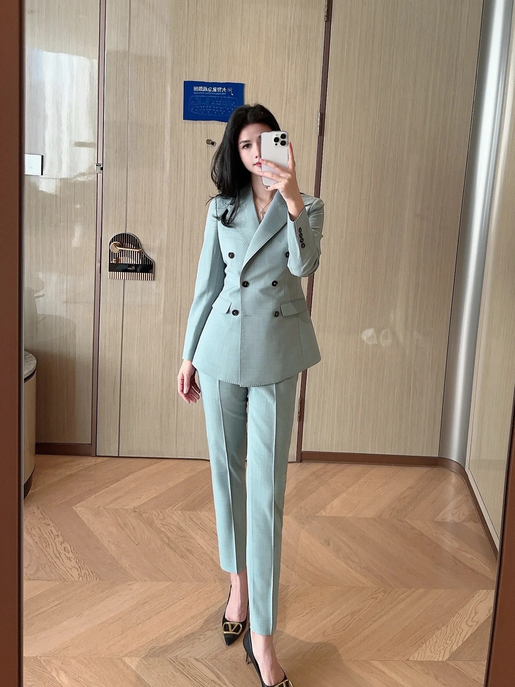

Early Spring Busin Faion Blue Porcelain Women's Suit Set Slim Fit Long Sve Button up Anti-Wrinkle Four Seasons Wear