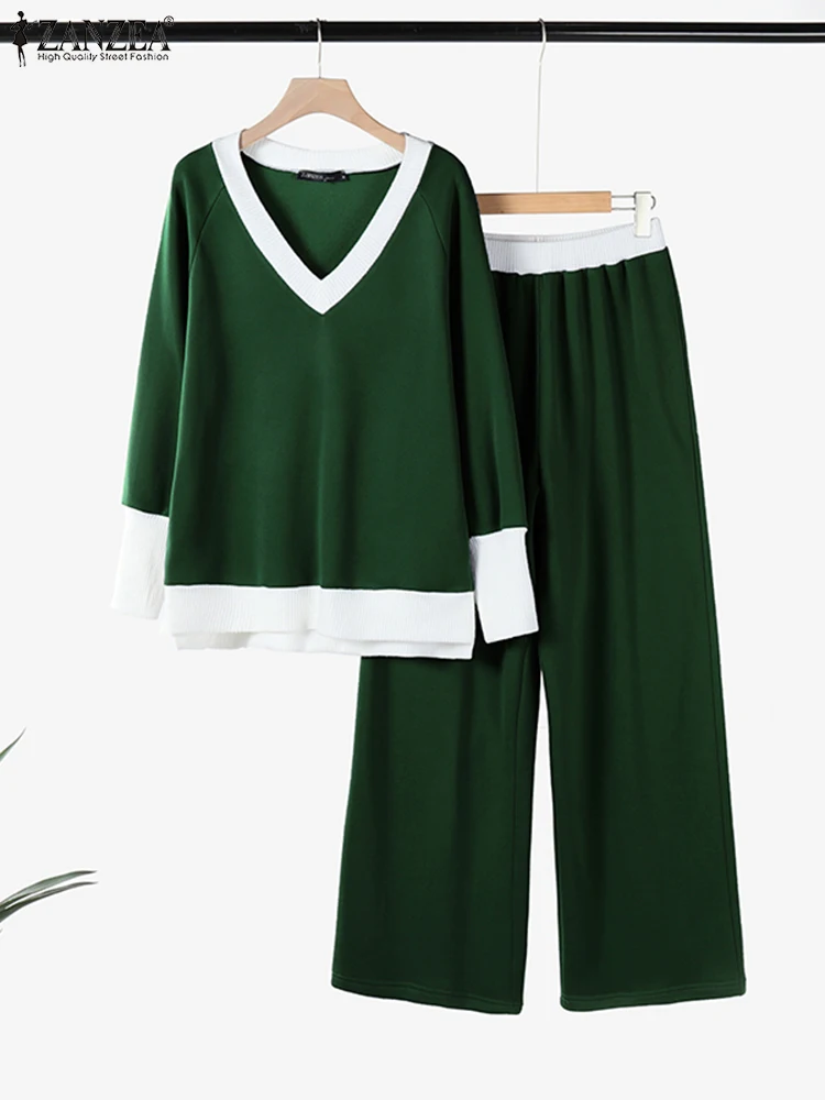 

ZANZEA Женские модные комплекты брюк 2025 Одежда с цветными блоками Праздничные костюмы из двух предметов Повседневные свободные комплекты брюк Винтажные трикотажные комплекты 2 шт.