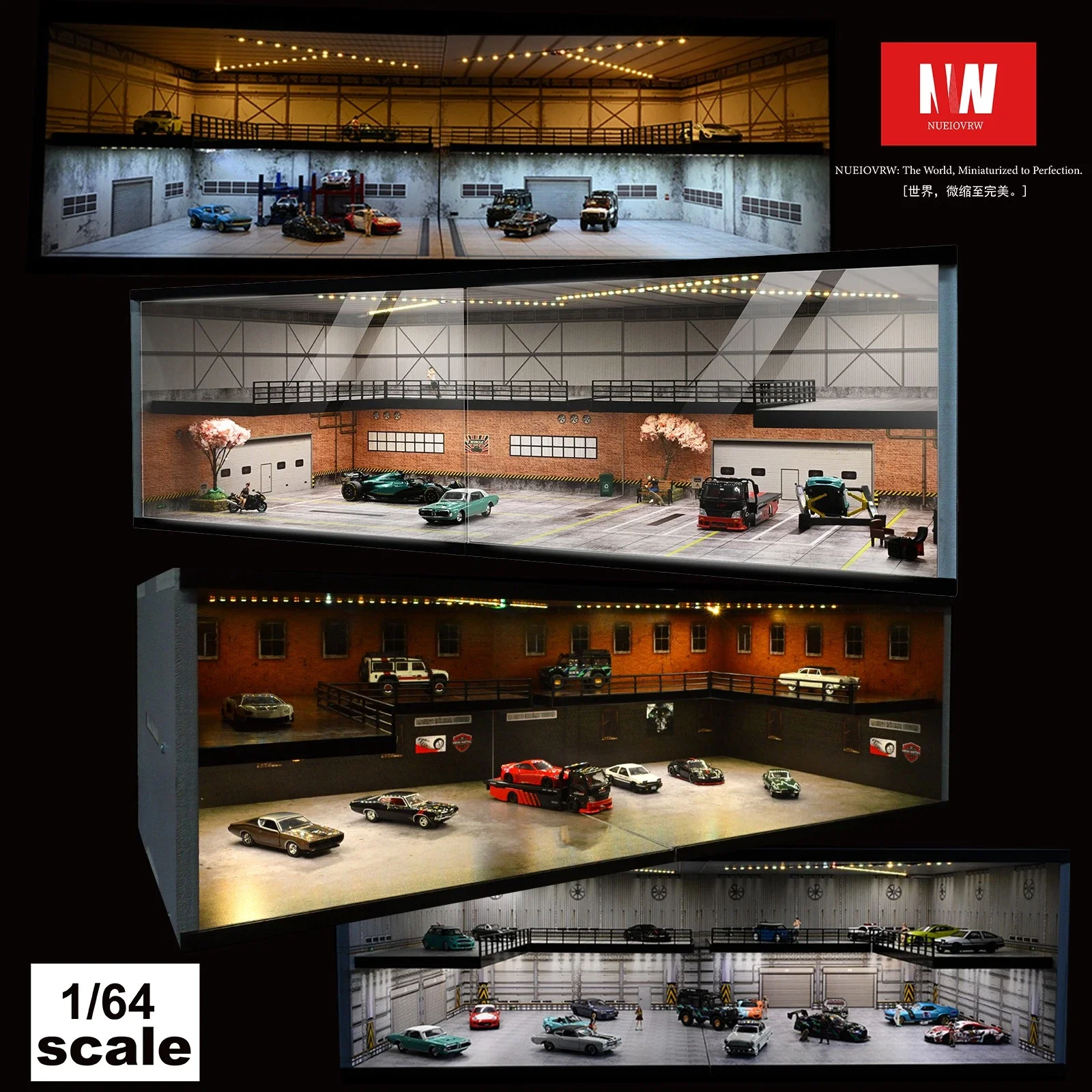 

Диорама 1/64 модель гаража, светодиодное освещение, выставочный зал автомобиля, модель сцены для 1/64 Hot Wheels, литая под давлением модель автомобиля, витрина