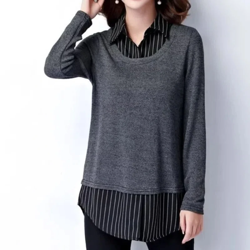 Autumn New Plus Size Women's Clothing Covers Flesh Appears Slim with Collared Base Shirt Fat Knit Long Sleeved T-shirt Sweaters