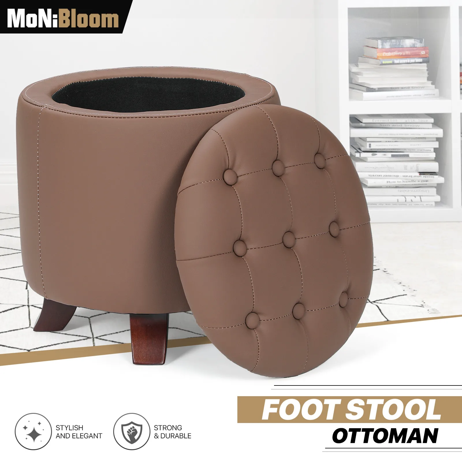 

17" Brown Modern Lift Top Storage Ottoman Round Footstool PU Leather w/Wood Legs