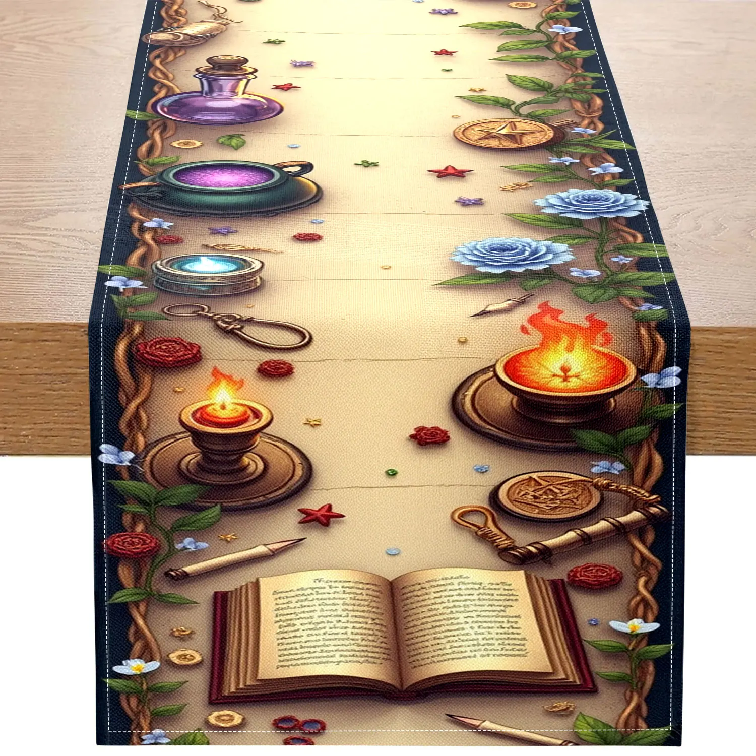 1 Piece of Magic Book and Potion-Themed Table Runner, Decorated with Magic Books, Potion Bottles, and Other Elements, Suitable for Fantasy-Style and Magical-Themed Spaces