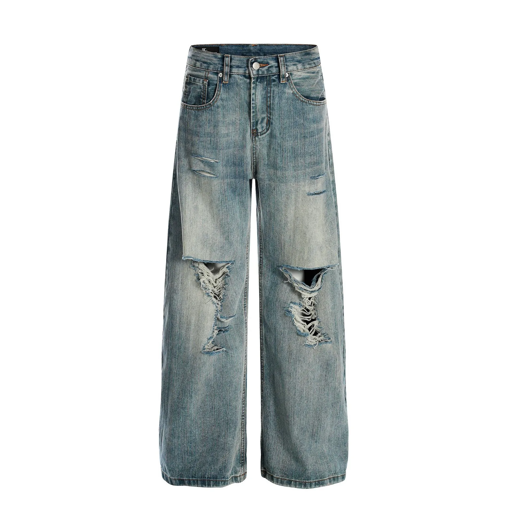

Spring Men's Clothing Baggy Pants Streetwear Distressed Washed Blue Denim Jeans Vintage Loose Fit Casual Wide Leg Trousers