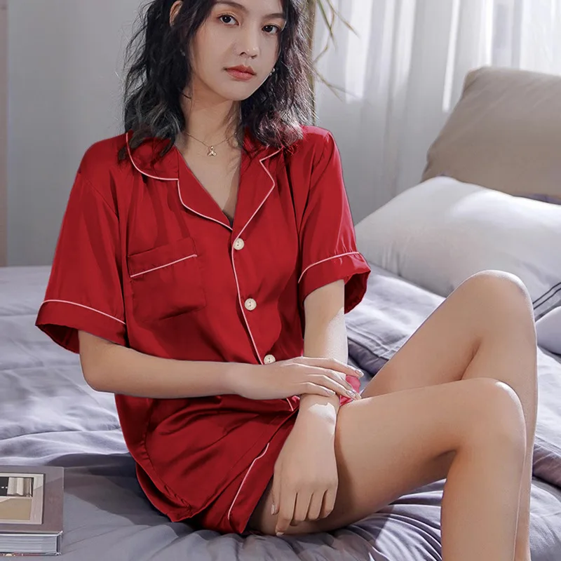 

Ling Summer Pajamas For Women 2024 New Simple Imitation Silk M-XXL Thin Short-sleeved Nightwear Casual Home Clothes 2PCS Set