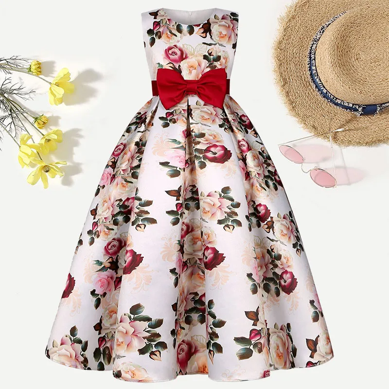 Long Floral Printed Princess Dress Children Sleeveless O-Neck Casual Bowknot Girls Party Dresses Birthday Kids Spring Summer