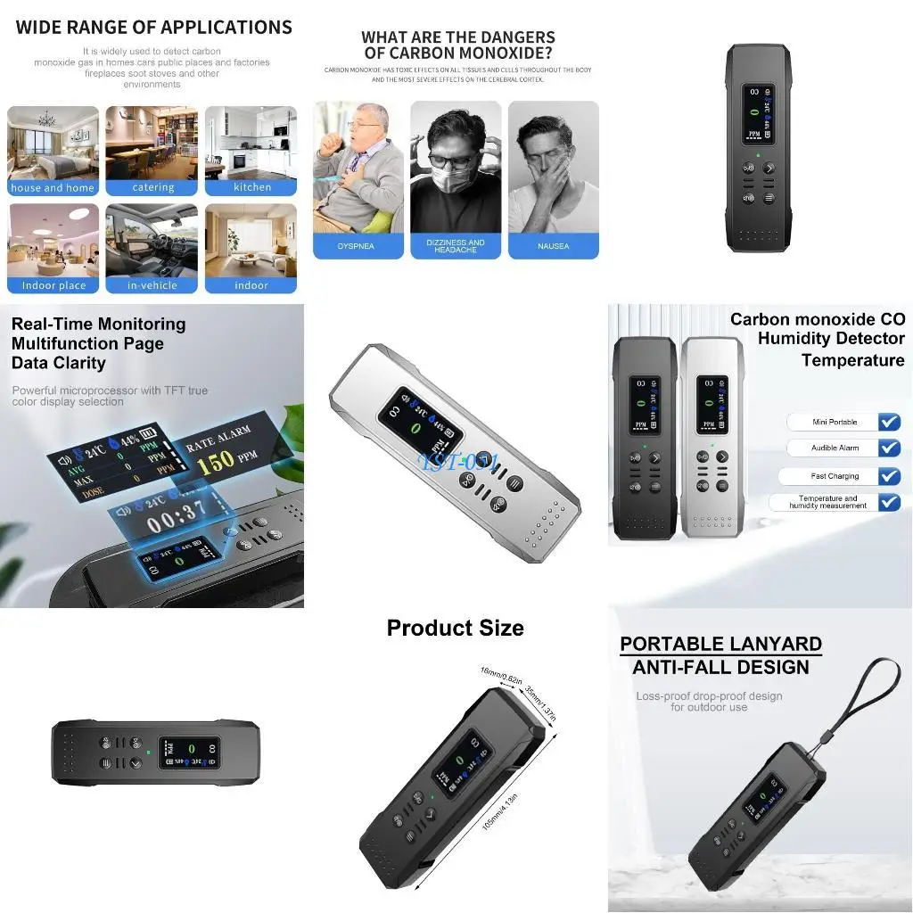 

E15A PortableCarbon Monoxide Detectors for Travel, LED Display Handhelds CO Detectors with Temperature & Humidity Display