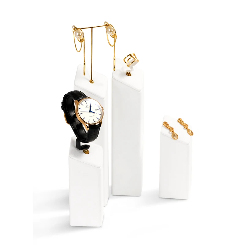 Oirlv White Microfiber&Metal Jewelry Display Prop Set Shop Window Exhibition for Necklace Earrings Ring Watch