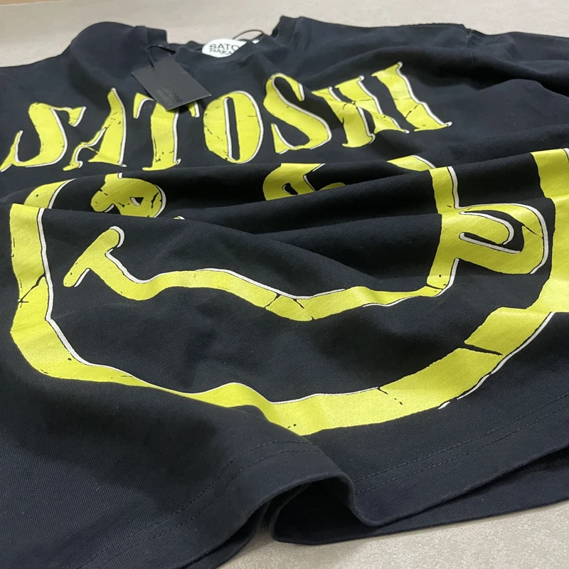 Heavy Cotton Yellow Emoji Letter Logo Off Shoulder Short Sleeve Tops Men Women Washed Black SATOSHI Tshirts Oversize Streetwear