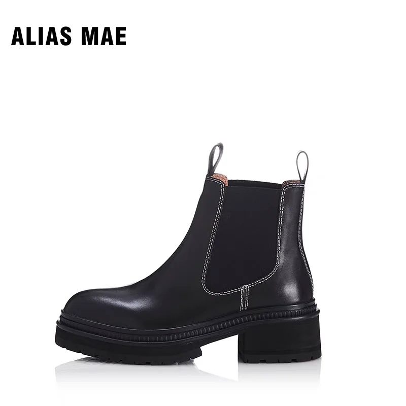 

ALIAS MAE High Street Women Smooth Leather Platform Boots Elastic Design Comfortable Slip-On Retro Casual Winter Heighten Shoes