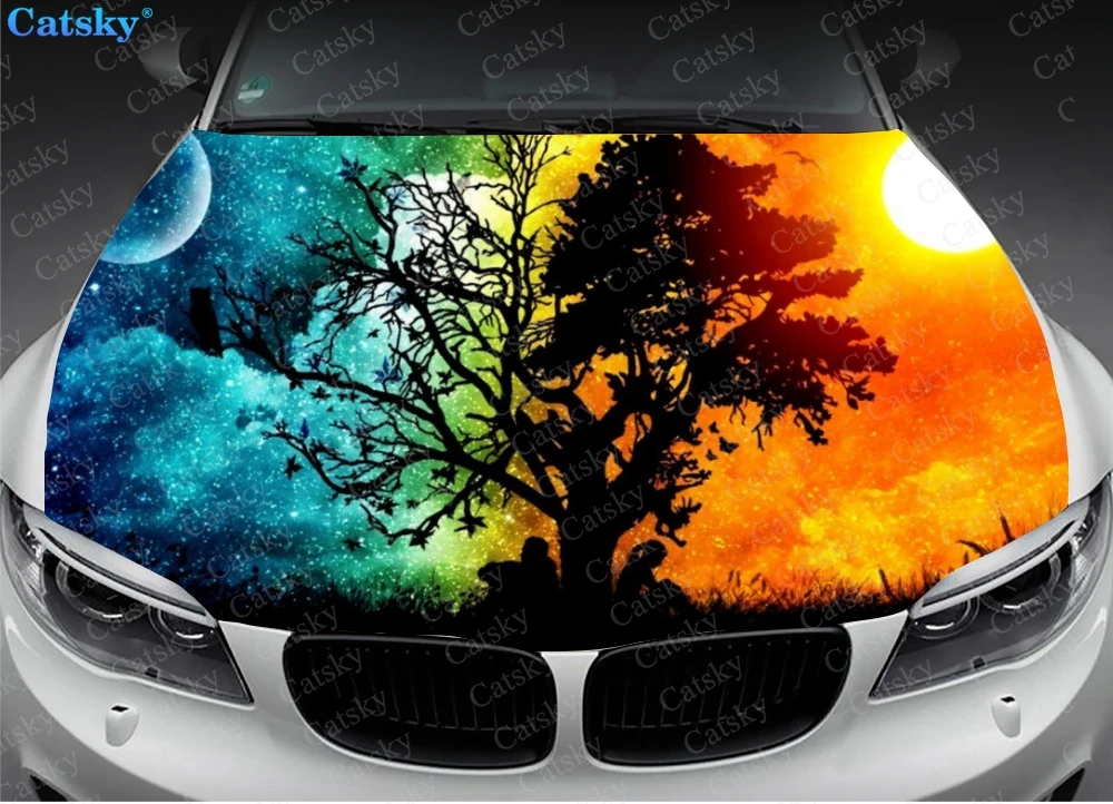 Galaxy Starry Sky Tree Car Accessories Hood Vinyl Stickers Wrap Film Engine Cover Decal Sticker Universal Hood Protective Film