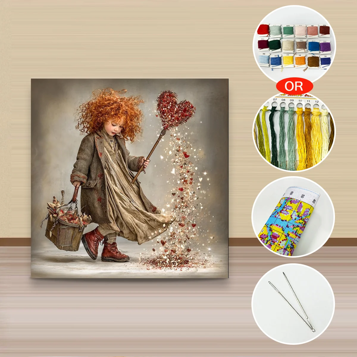 1 Stück 40x40 cm/15,74 Zoll, 11Ct/14Ct Kreuzstich-Set, DIY Valentinstagsgeschenk, Stickerei-Set für Festlichkeiten, Mädchen mit roten Haaren und Herz – Detail 2