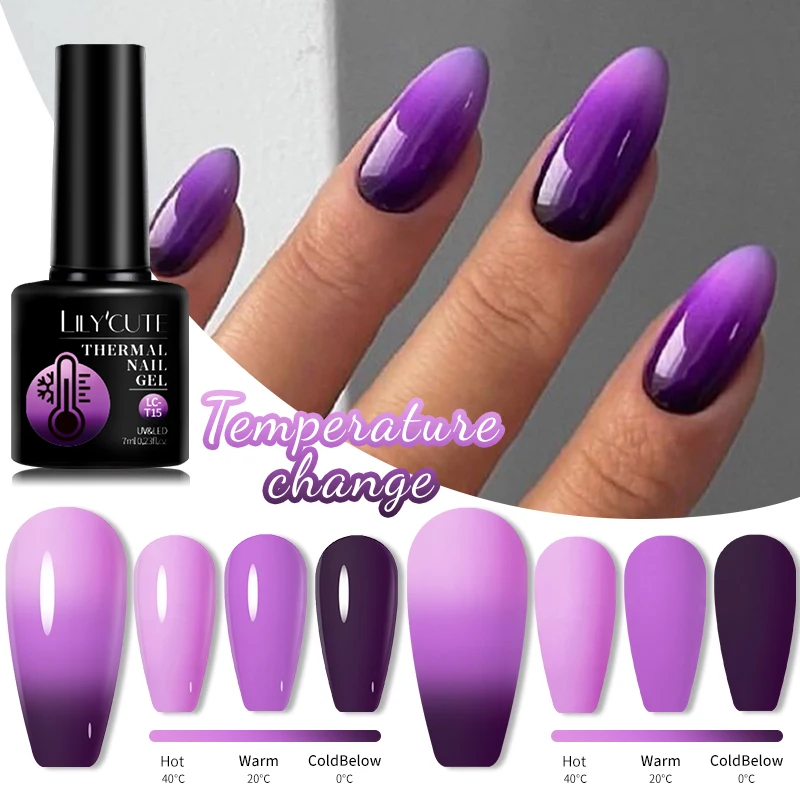 LILYCUTE różowy fioletowy termiczny żelowy lakier do paznokci 3 kolory temperatura zmiana koloru Soak Off UV Manicure długotrwały żelowy lakier