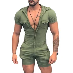 Men Romper Jumpsuit Summer Shorts Sexy Slim Playsuit One Piece Short Sleeves Open Utility Jumpsuit Cargo Pocket Pants Plus Size