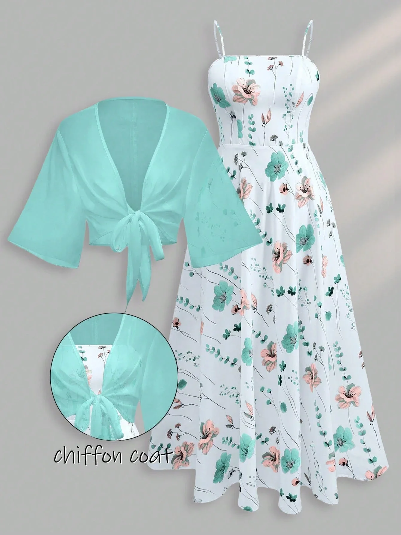 

Floral Chiffon Dress With Lightweight Summer Jacket 2pcs Set