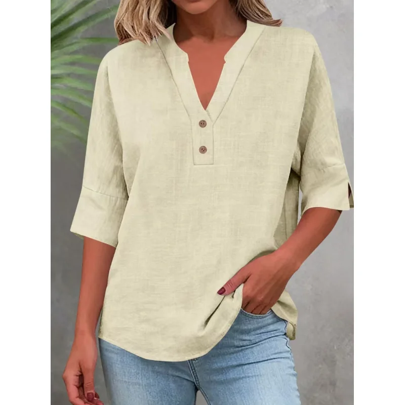 Women's-style Half-placket Shirt, Wooden Buttons, Drop Shoulder Sleeves That Cover Flesh And Make You Look Slimmer