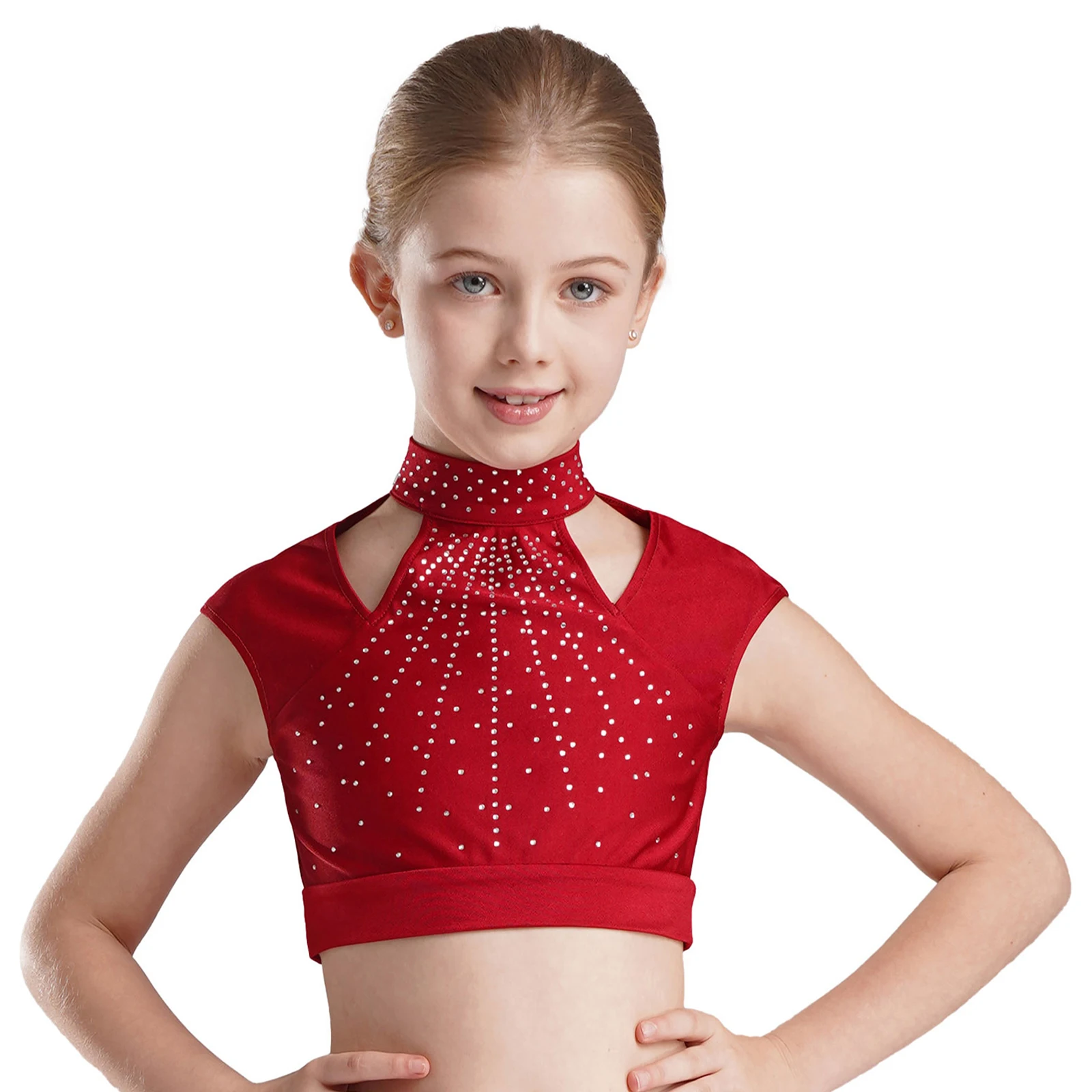 Kids Girls Shiny strass Cap Sleeve Mock Neck Cutout Dance Crop Top Athletic Tank Top Shirt Ballroom Dancewear Costumes