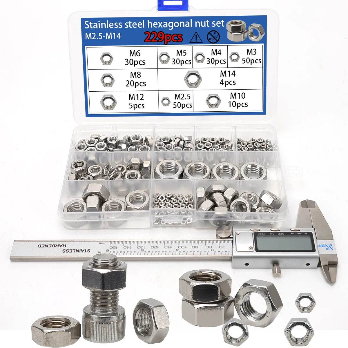 229pcs stainless steel hexagonal nut set, outer hexagonal nut, nut combination set, lock nut, machine nut