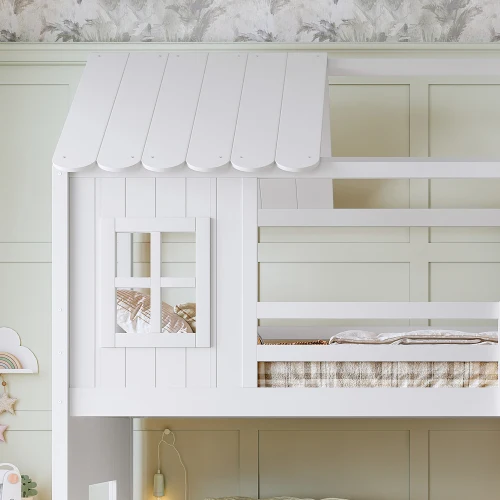 ！@Modern Solid Wood Farmhouse Kids Bunk Convertible Bed with Stairs & Space Storage for Bathroom Use 0-12 Years